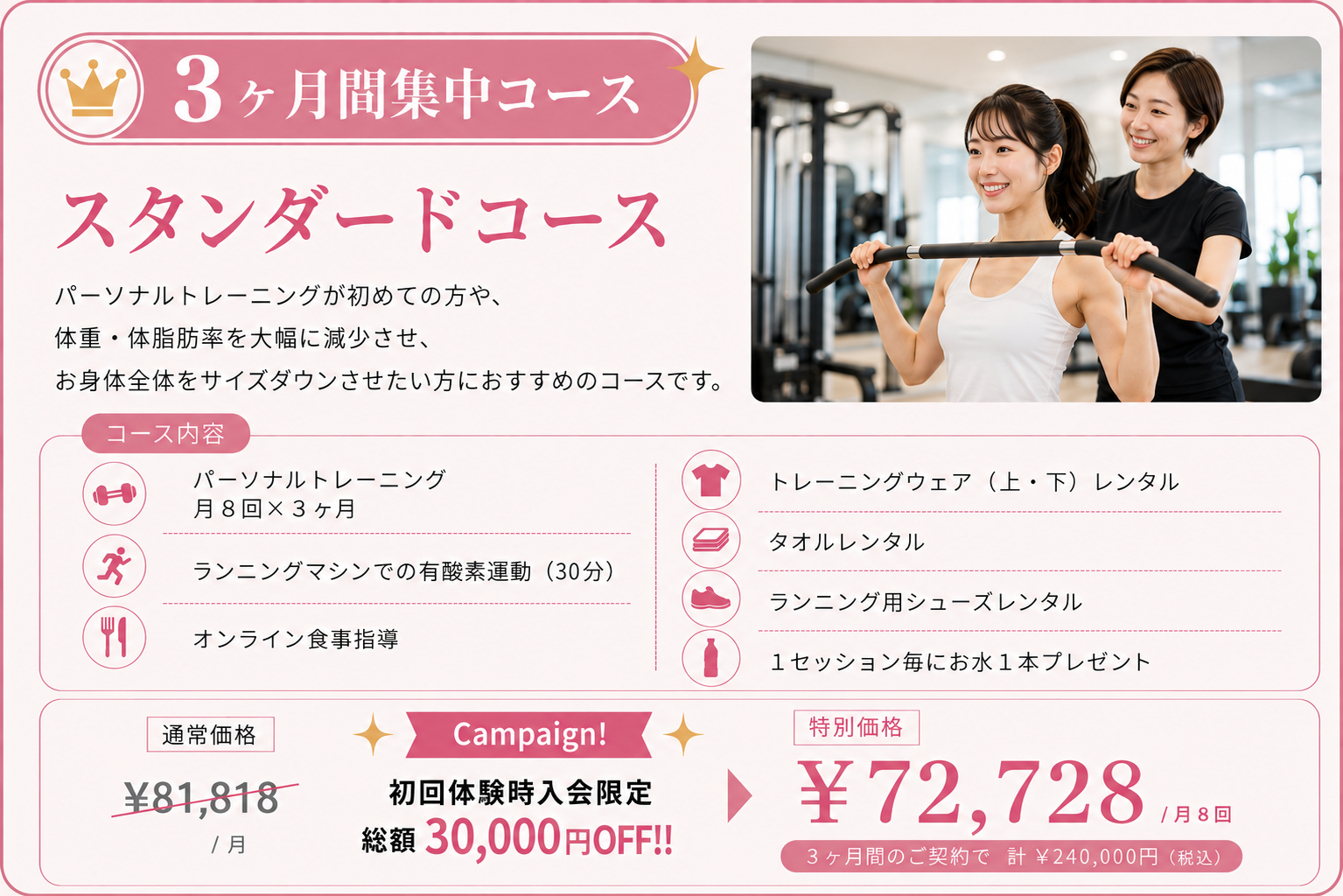 スタンダードコース パーソナルトレーニングが初めてであり、体重、体脂肪率を大幅に減少させお身体全体をサイズダウンさせたい方におすすめのコース。  ◇パーソナルトレーニング　月8回×3ヶ月 ◇ランニングマシンでの有酸素運動(30分) ◇オンライン食事指導 ◇トレーニングウェア（上・下）レンタル ◇タオルレンタル ◇ランニング用シューズレンタル◇セッション毎にお水１本プレゼント 　￥81,818（税抜）/月 Campaign！ 初回体験時入会限定 総額30,000円OFF‼  ￥72,728円（税抜）/月8回                    3ヶ月間のご契約で 計 ¥240,000円(税込)