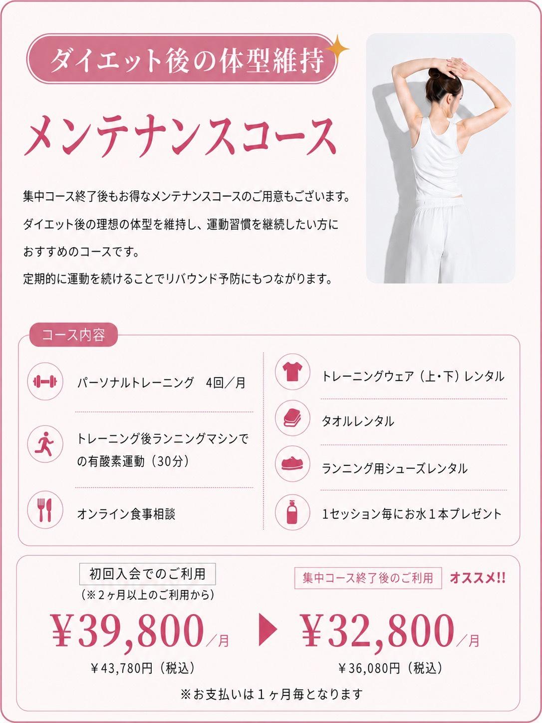 メンテナンスコース 集中コース終了後もお得なメンテナンスコースのご用意もございます。ダイエット後に体型を維持したい方や、健康のために定期的に運動を続けたい方はご来店の際にご相談ください。  ◇パーソナルトレーニング　4回/月 ◇トレーニング後ランニングマシンでの有酸素運動(30分) ◇オンライン食事相談 ◇トレーニングウェア（上・下）レンタル ◇タオルレンタル ◇1セッション毎にお水１本プレゼント  ◇初回入会でのご利用（※2ヶ月以上のご利用から） 　￥39,800(税抜)/月　 　　　　　　　　　¥43,780円(税込) ◇集中コース終了後のご利用　ｵｽｽﾒ‼ 　￥32,800(税抜)/月 　　　　　　　　¥36,080円(税込) ※お支払いは1ヶ月毎となります