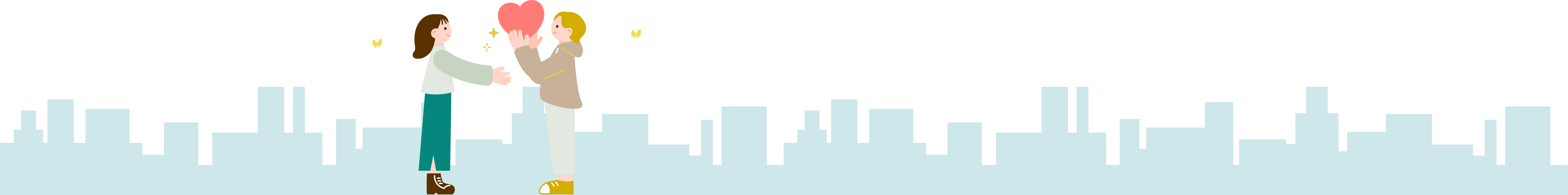 ハート（思いやる気持ち）を手に持って隣の人に渡すイラスト