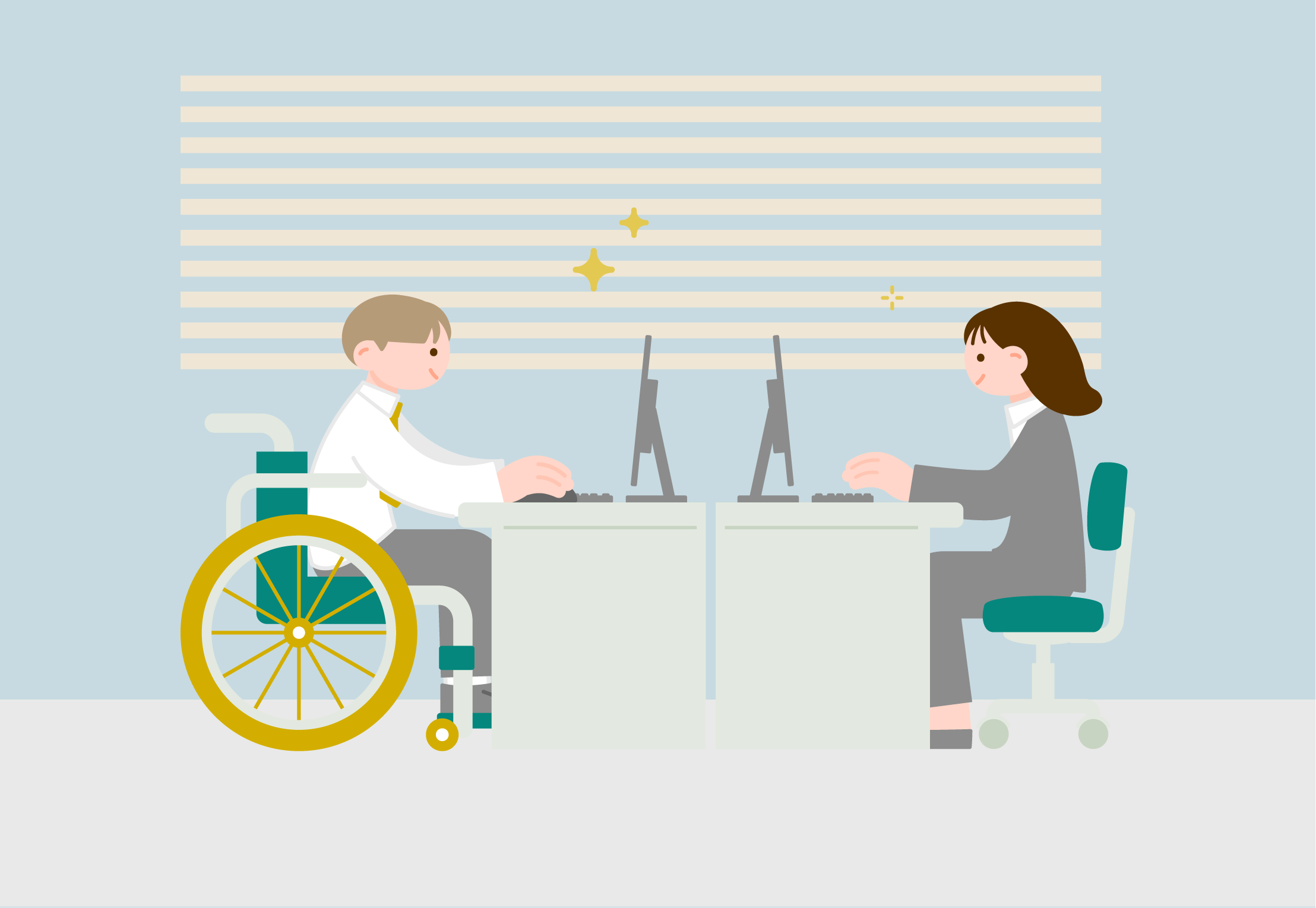 身体障害のある方がオフィスで車椅子に乗りながら仕事をしているイラスト