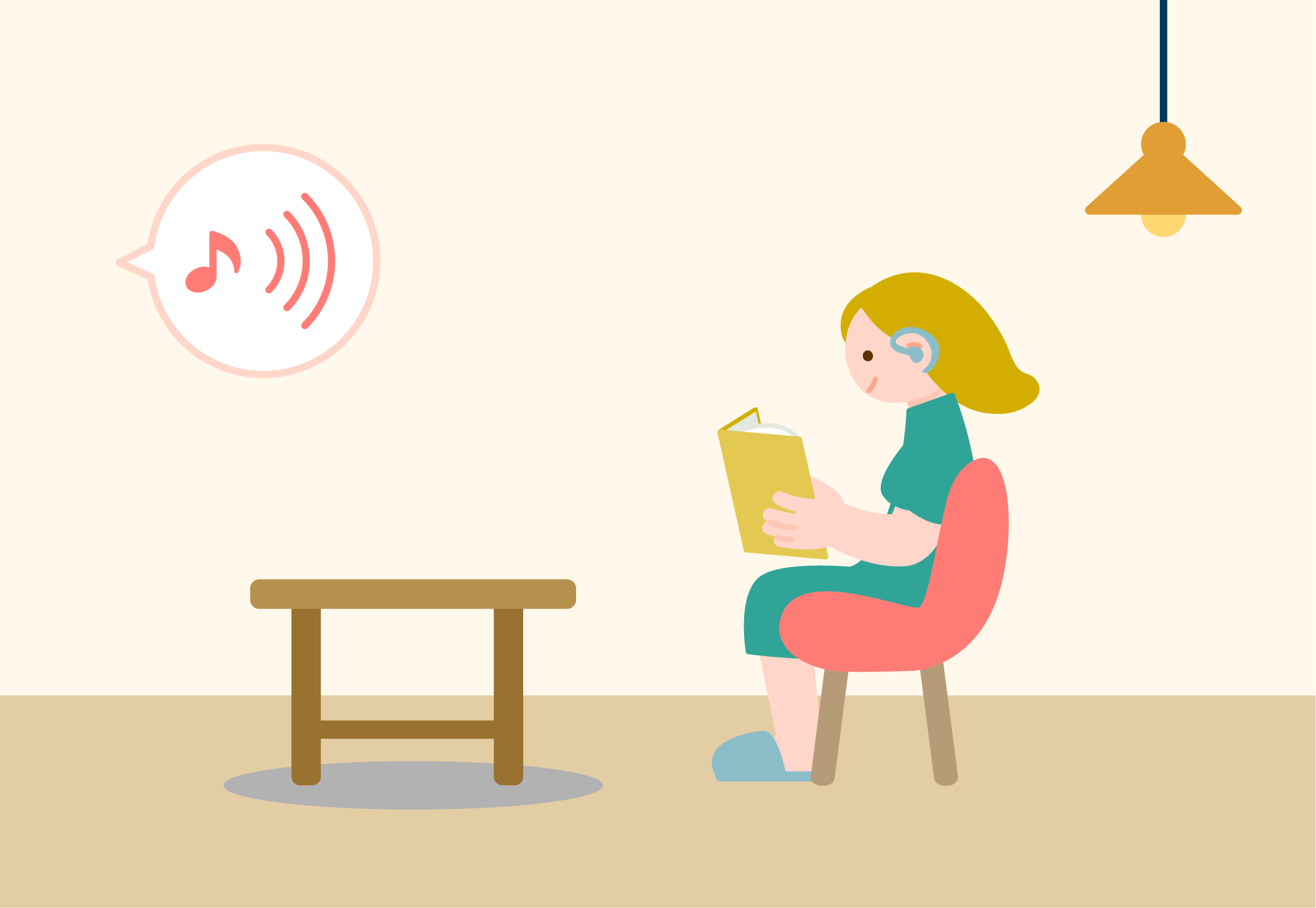 聴覚障害のある方が部屋で本を読んで過ごしているイラスト