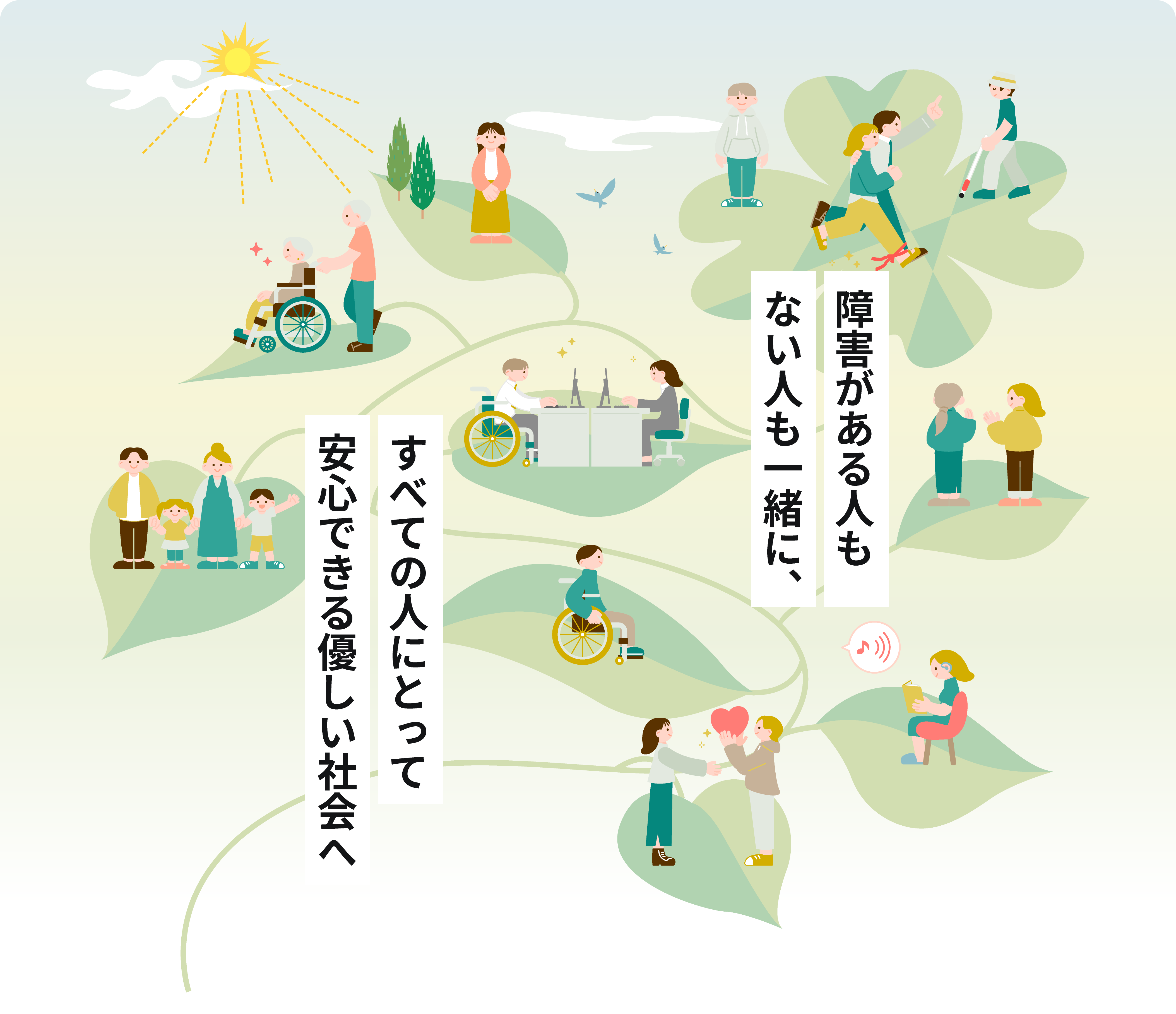 ホームページメインイラスト：視覚障害・聴覚障害・身体障害・病気を抱える人・地域の人々が四葉のクローバーの上に乗って笑顔で過ごすイラスト