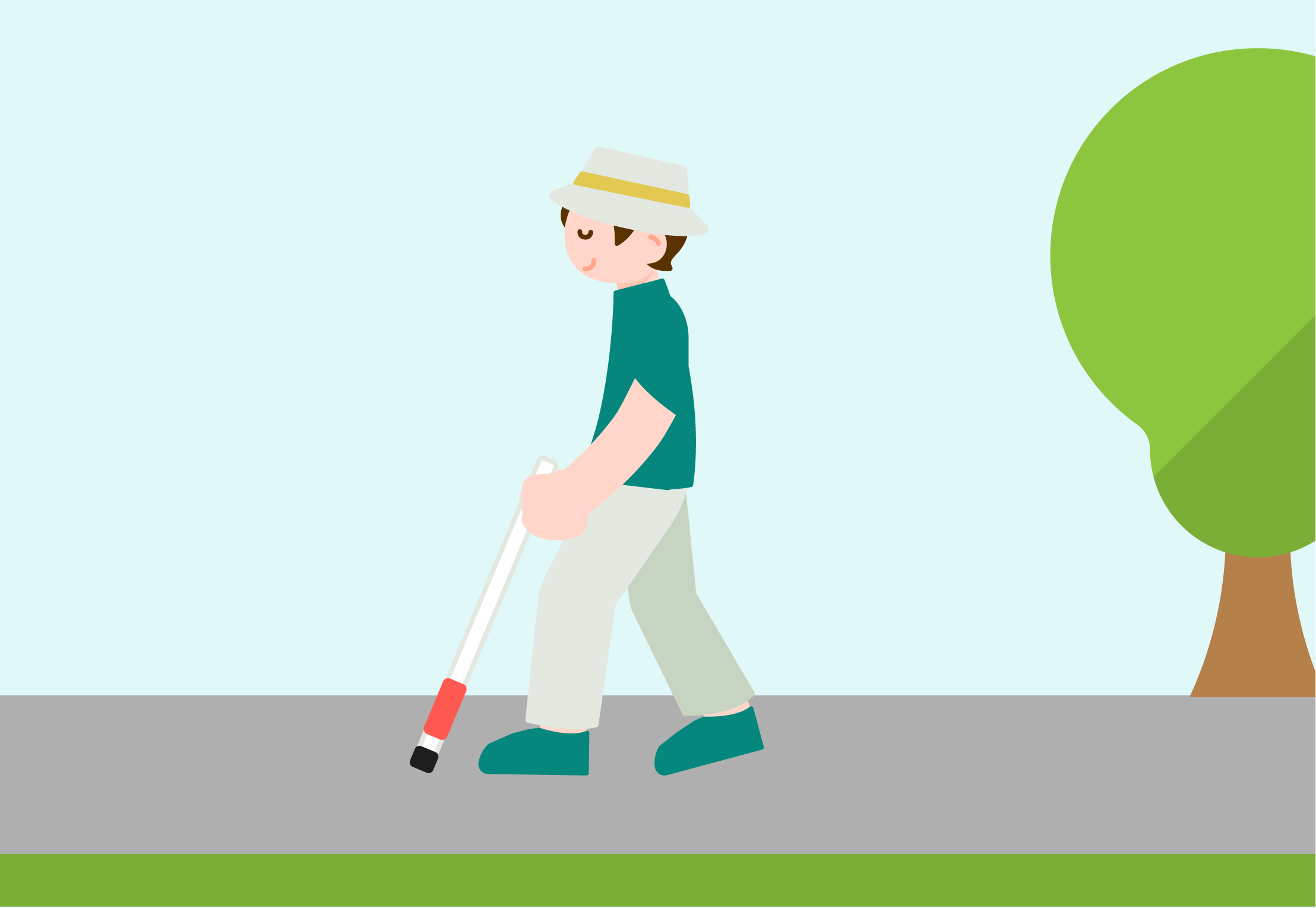 視覚障害のある方が街中で白杖をついて歩いているイラスト