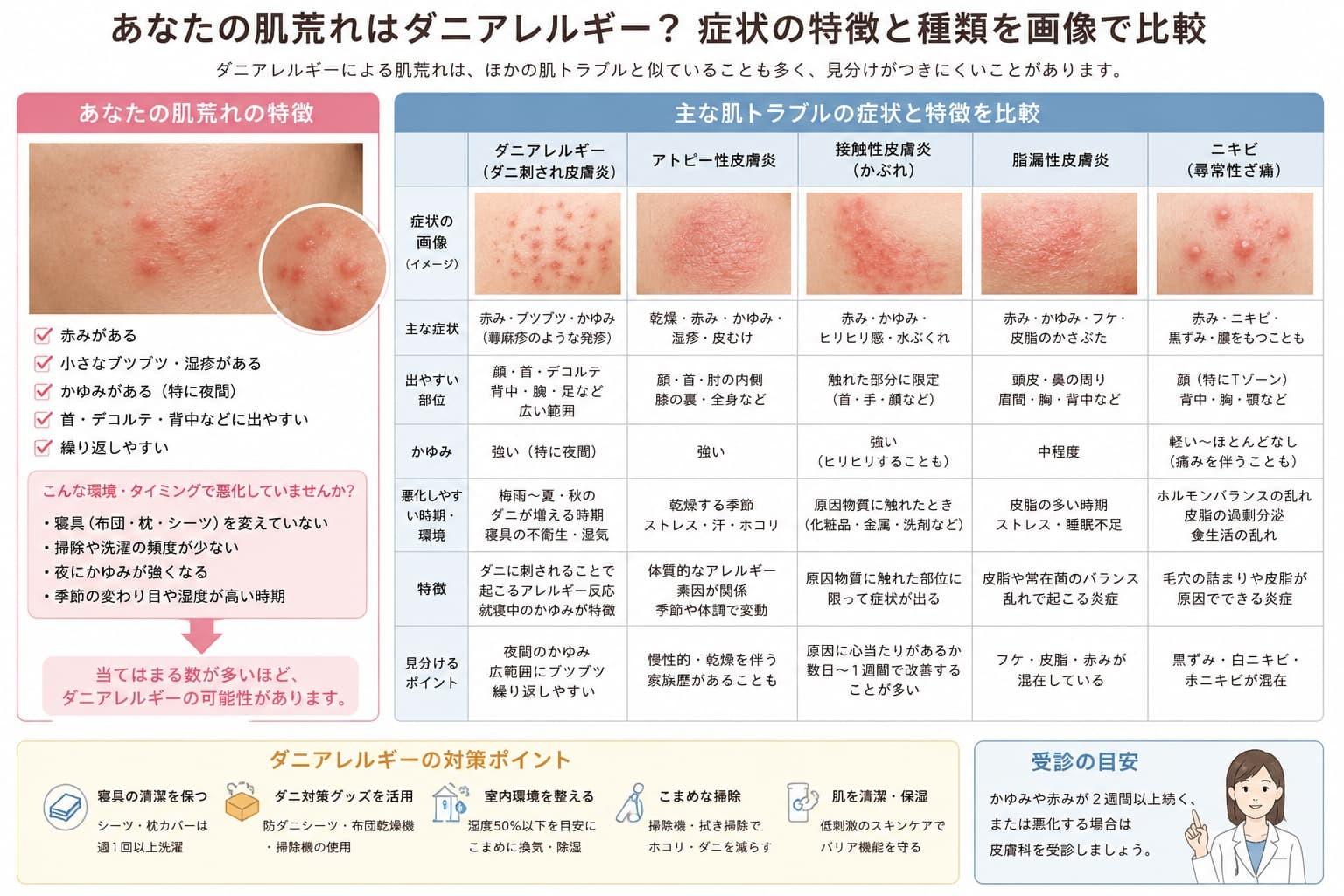 肌荒れ、ダニアレルギー？症状の特徴と種類