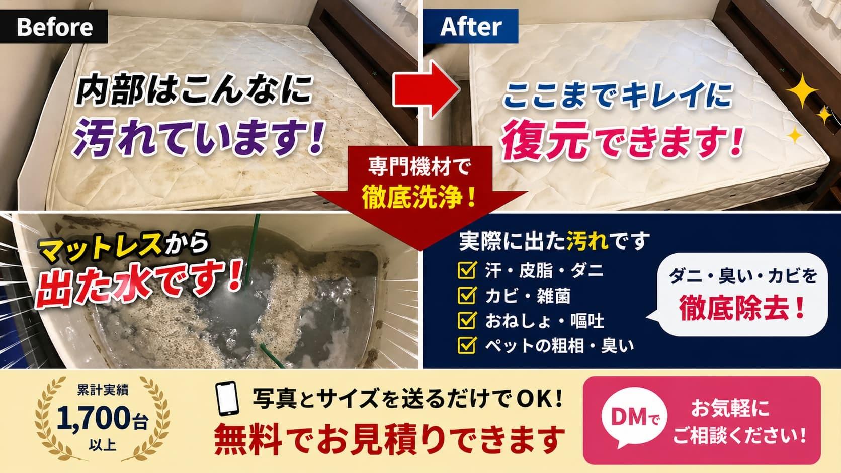マットレスのカビ除去クリーニングのビフォーアフター