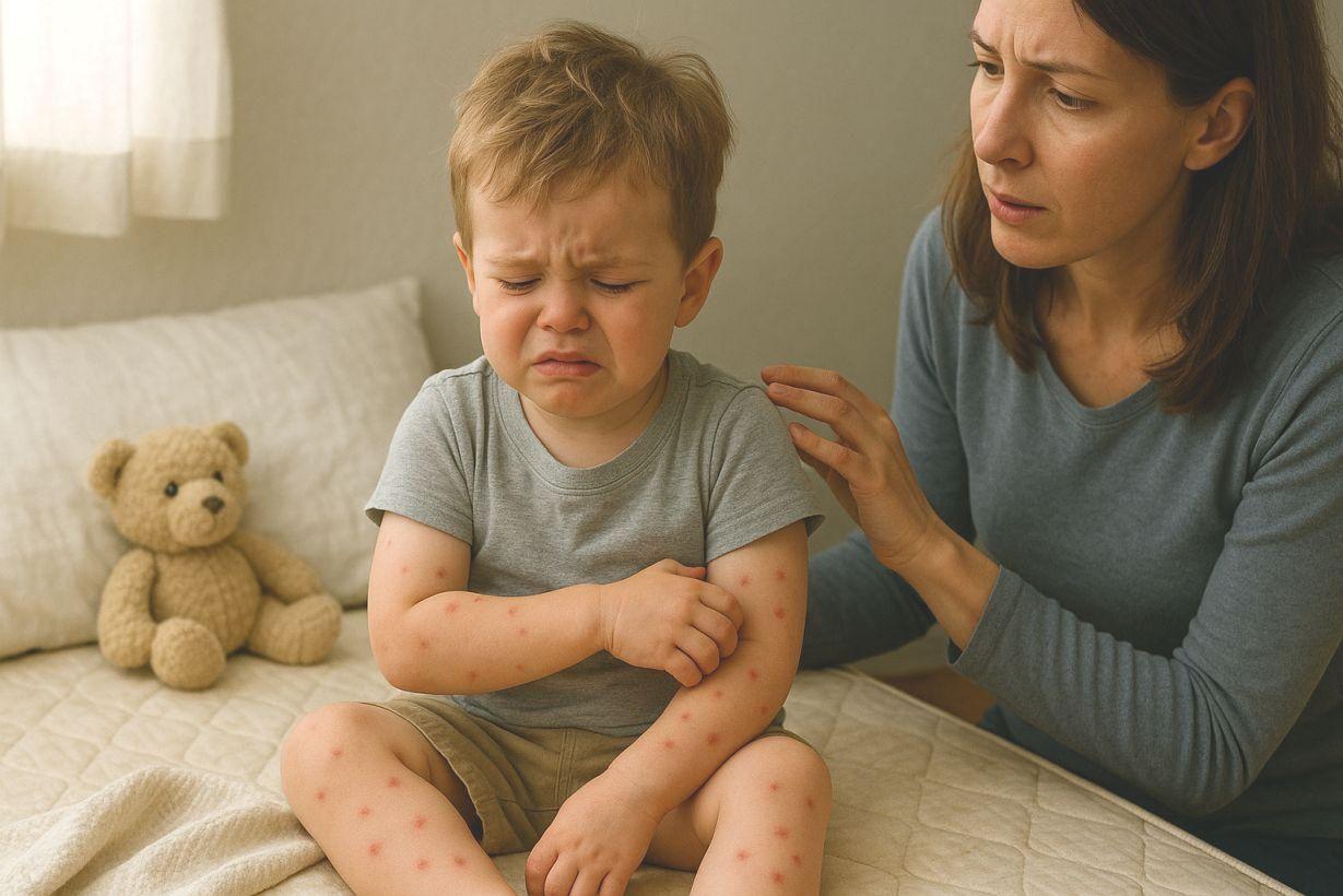 ダニに刺された男の子と心配する母親