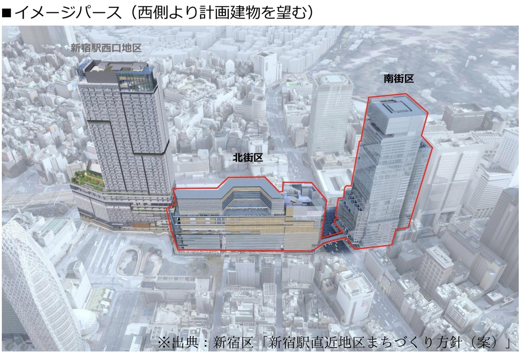 新宿駅西口再開発後の完成イメージ。高層複合ビルやバスターミナルなど、未来の西新宿を描いたビジュアル。