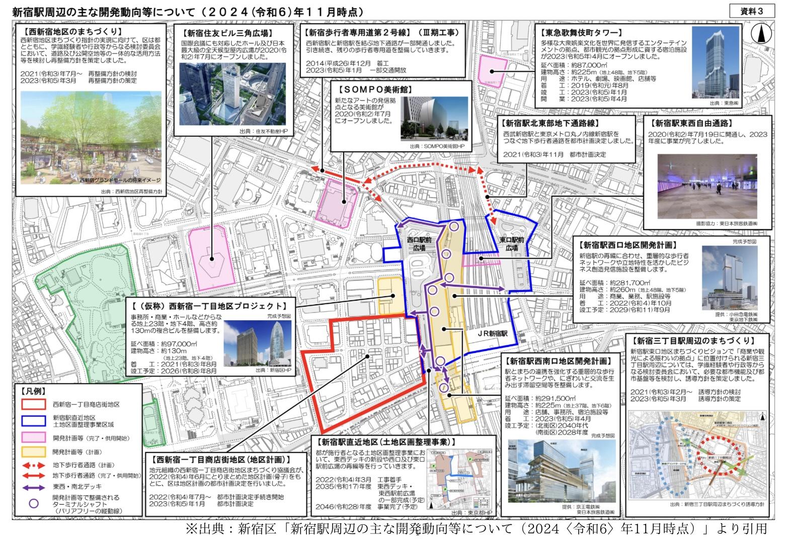 新宿駅西口の再開発エリア計画図。南街区・北街区の開発区画とそれぞれの整備予定が示されている。