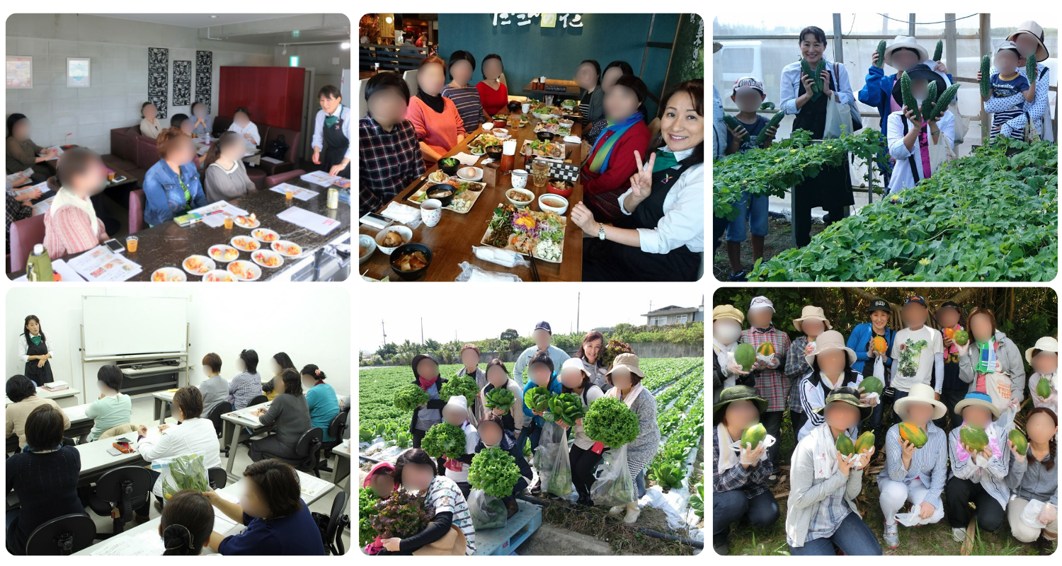 対面式ベジフルダイエット講座の風景（教室での座学、食事会、農園での収穫体験など）