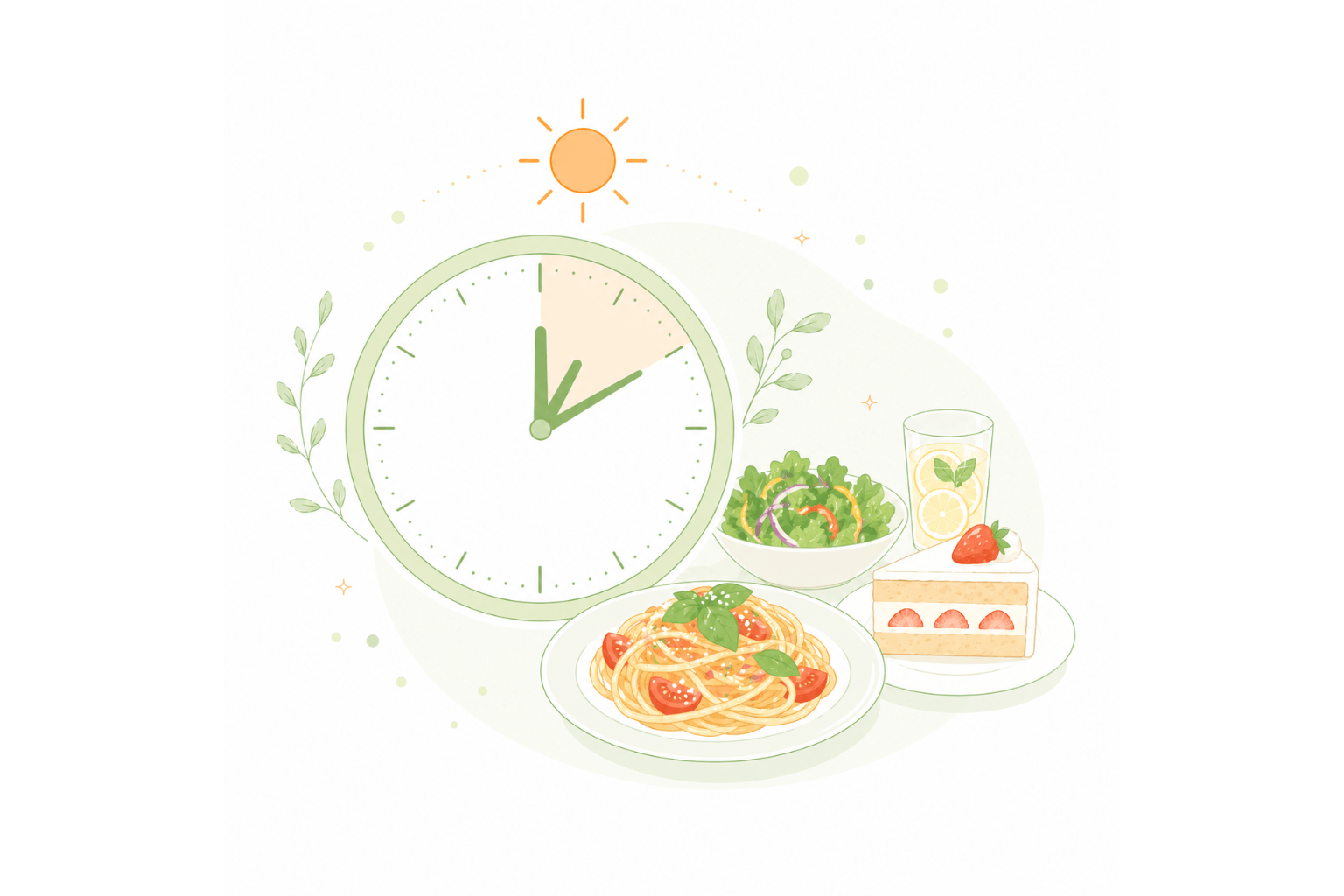 時計と食事で太りにくい時間帯を意識するタイミングのイラスト