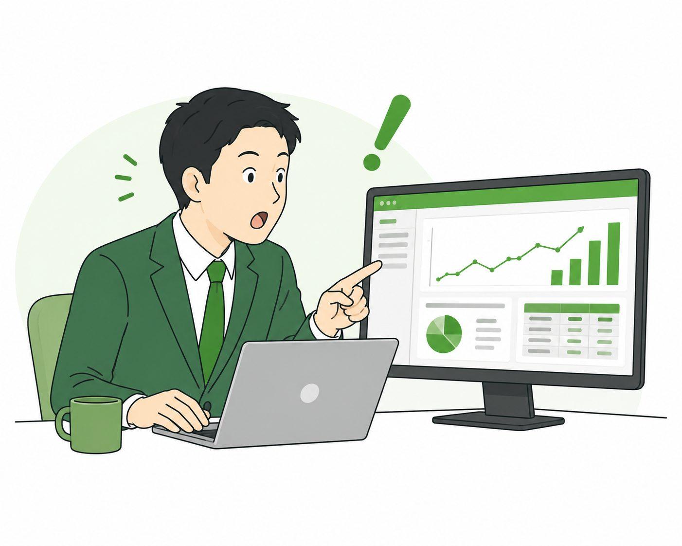 広告管理画面を見て驚く経営者のイラスト。広告データやグラフを確認しながら改善点に気づく様子を表現しており、広告運用の見直しや分析の重要性をイメージできるビジュアルです。まかせて広告による広告運用支援を紹介しています。