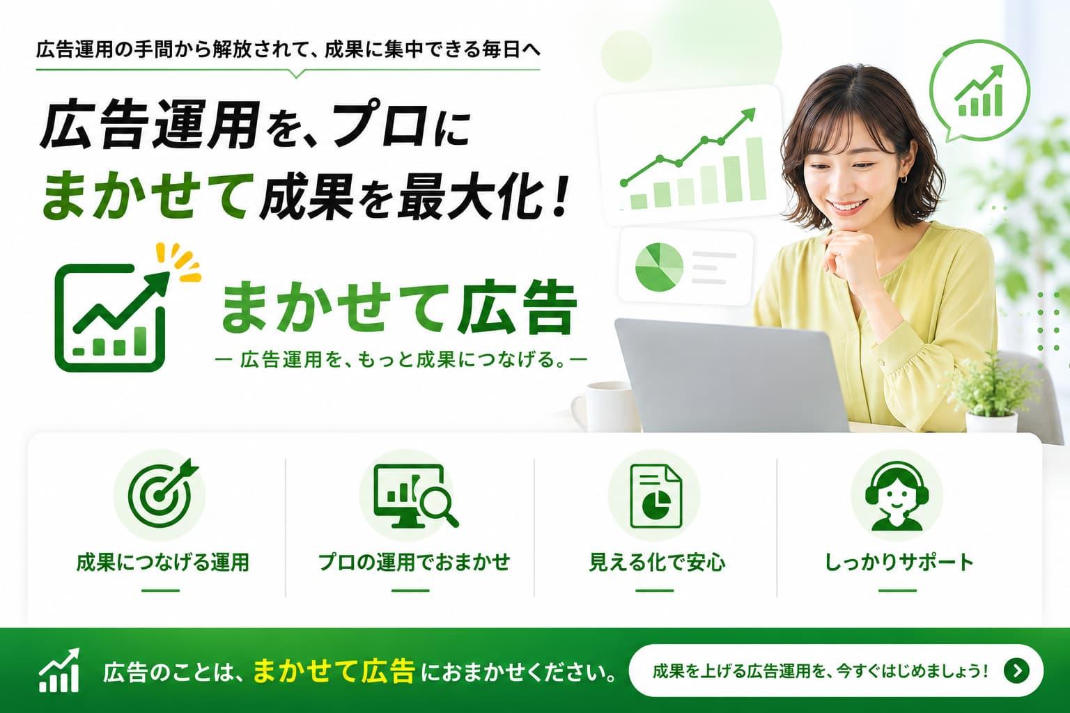 まかせて広告のトップバナー。女性が笑顔でパソコンを操作している背景に、広告運用を、プロにまかせて成果を最大化！というキャッチコピーと、4つの強みが書かれたデザイン。