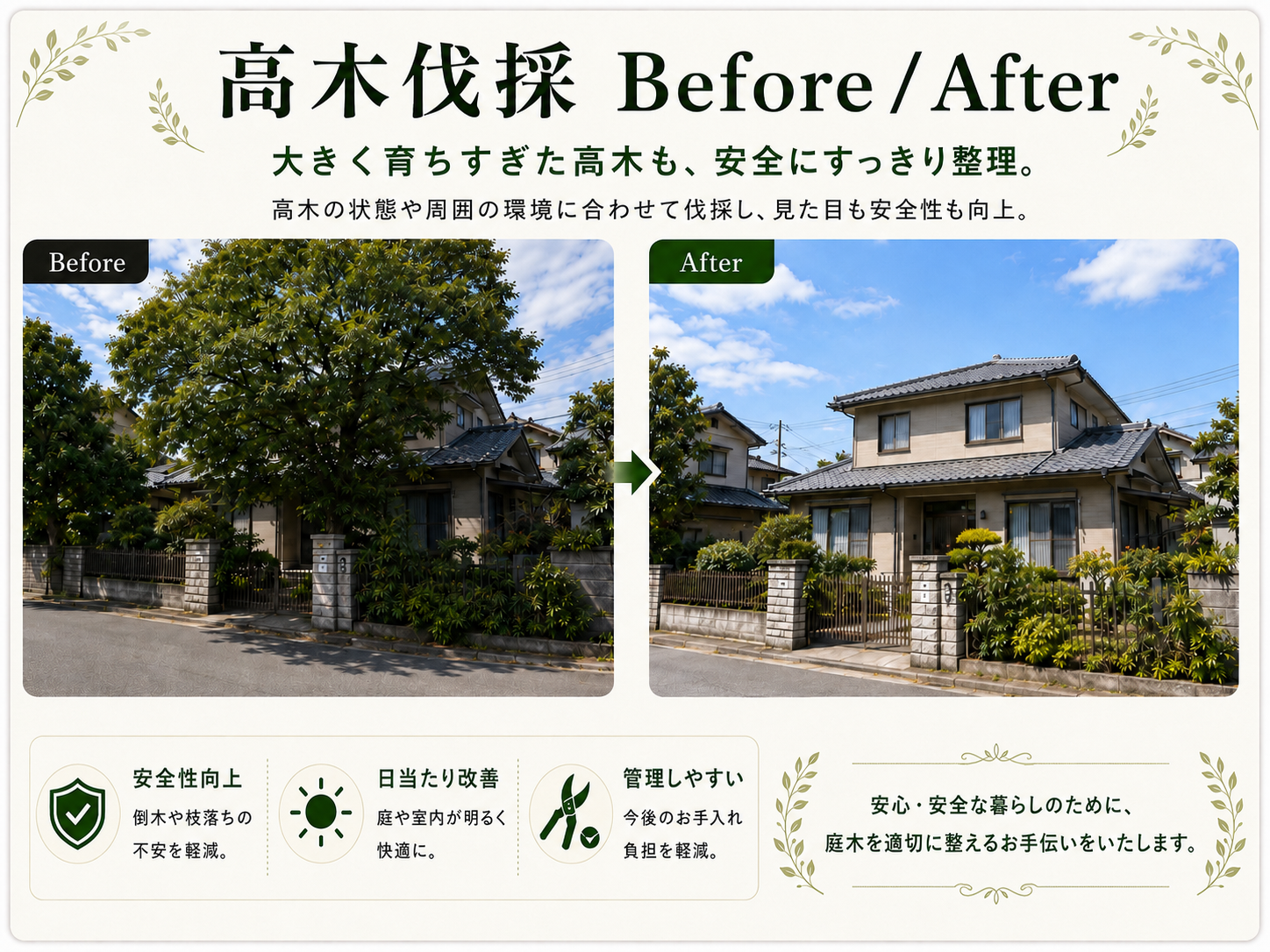 高木伐採のBefore After 屋根より高くなった庭木を安全に伐採し管理しやすい庭へ