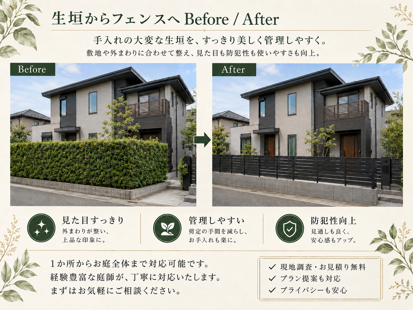 生垣撤去からフェンス設置のBefore After 剪定の手間を減らし外構をすっきり改善　フェンス工事 一宮