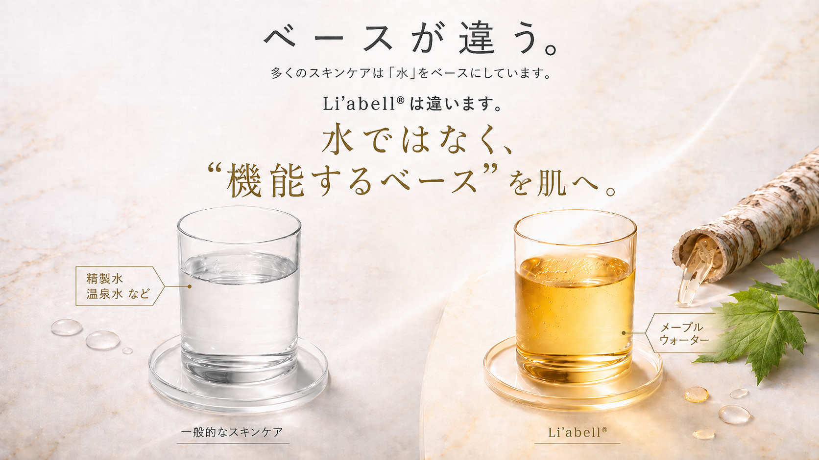 Li’abell®のメープルウォーター配合スキンケアと一般的な水ベース化粧品の違いを表現した比較画像