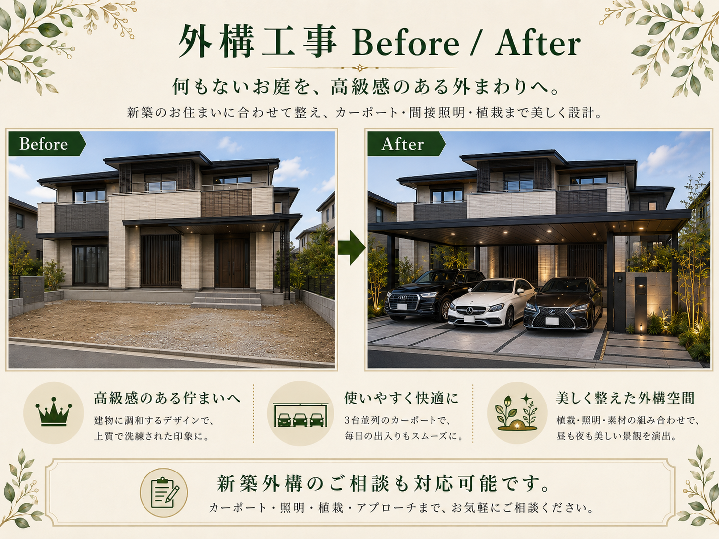 外構工事のBefore After 何もない庭をカーポート・間接照明・植栽で高級感ある外構へ　幸樹