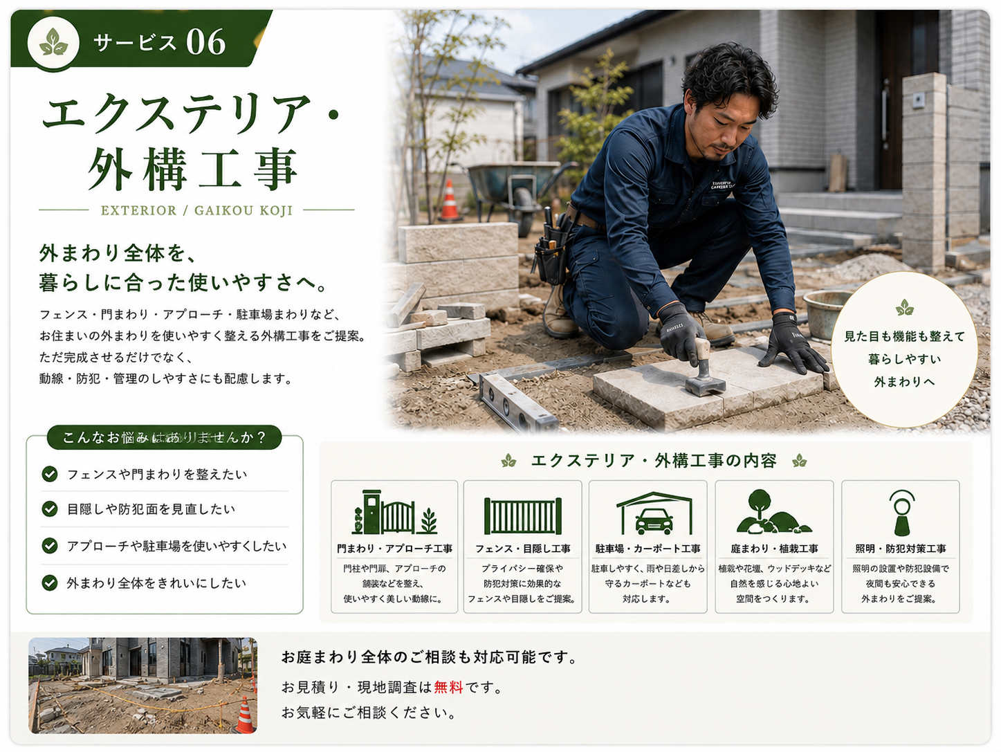 一宮市近郊のエクステリア・外構工事でフェンス・カーポート・アプローチ・植栽を施工する幸樹