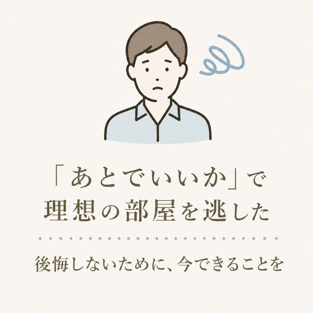 「あとで問い合わせよう」と後回しにした結果、理想の部屋を逃してしまう不安を表したイメージ