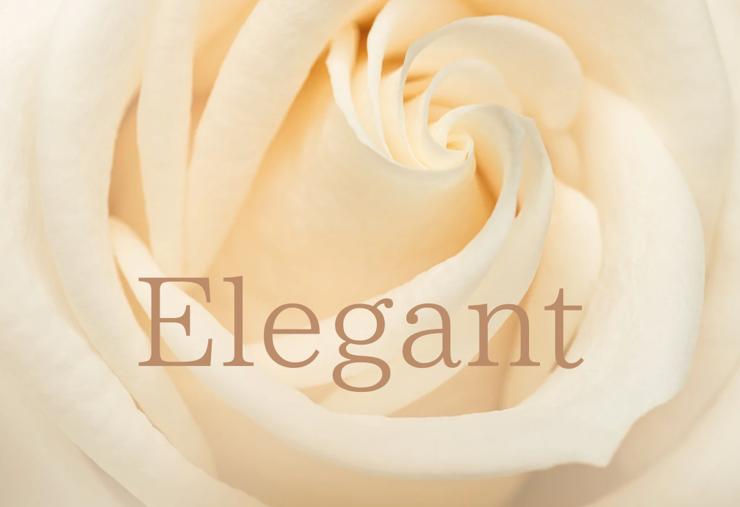 ベージュ色のバラの写真とエレガントの文字
