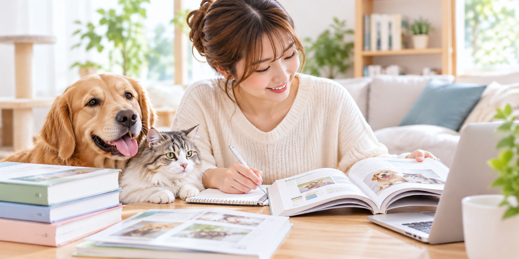 犬と猫と一緒に自宅で犬猫資格の教材を学ぶ女性