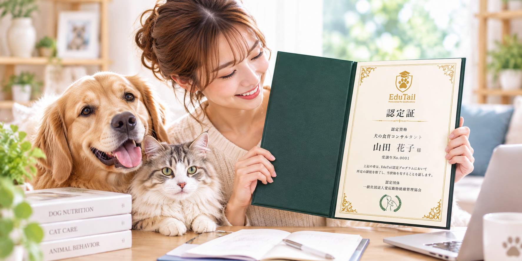 犬猫資格講座を修了し認定証を取得した女性と犬・猫