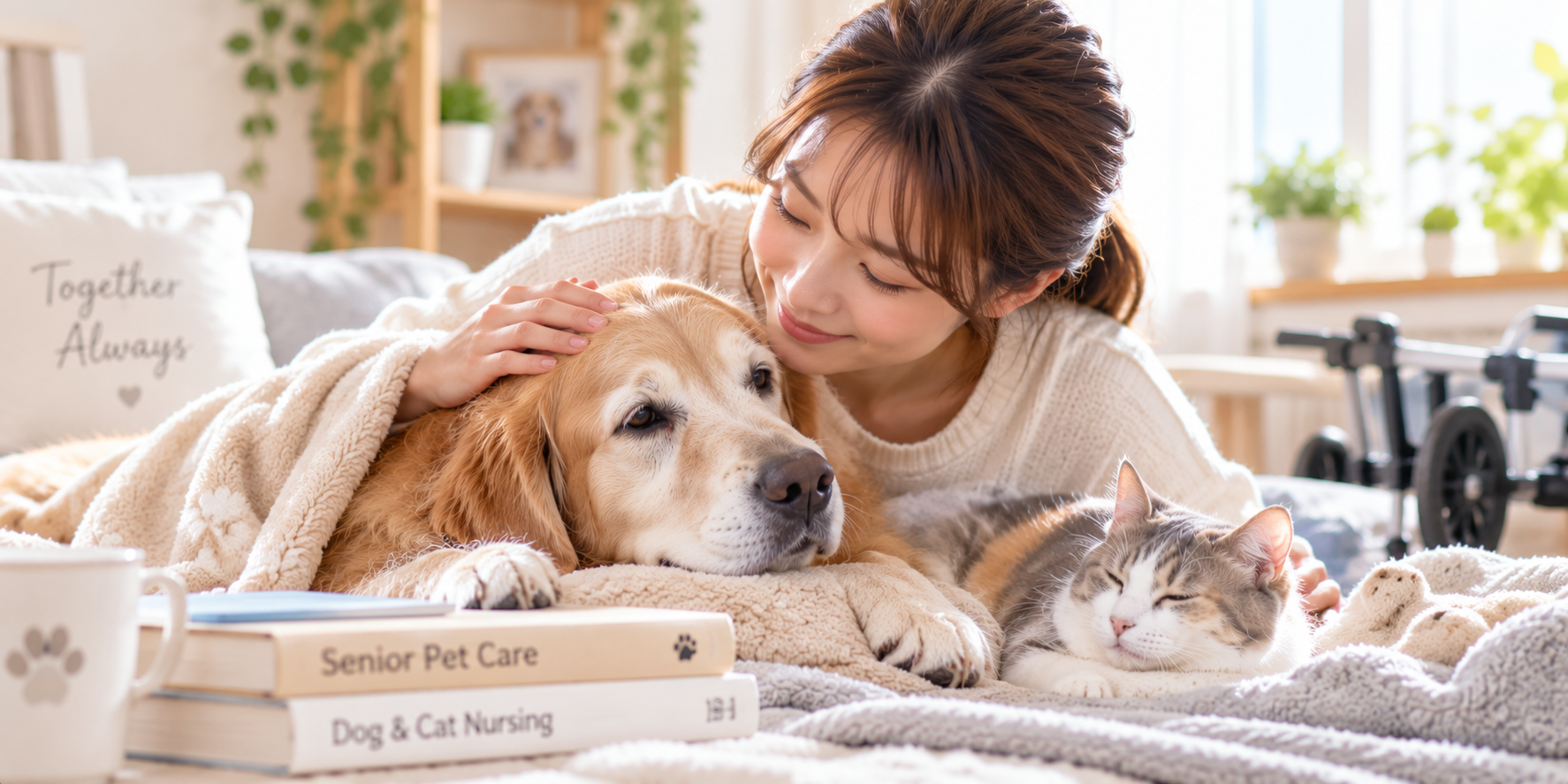 犬と猫の介護方法について自宅で学ぶ女性
