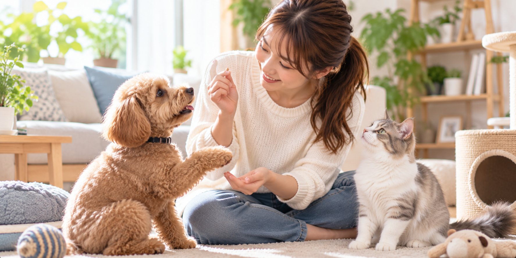 犬と猫の飼育と行動学について自宅で学ぶ女性