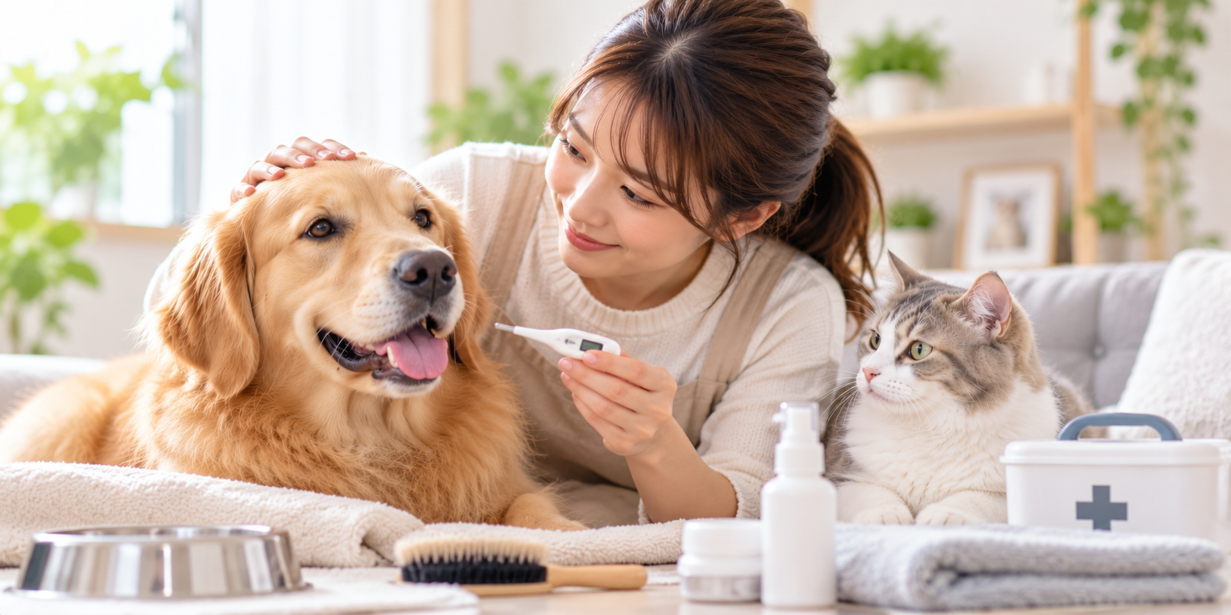 犬と猫の健康とケア方法について自宅で学ぶ女性