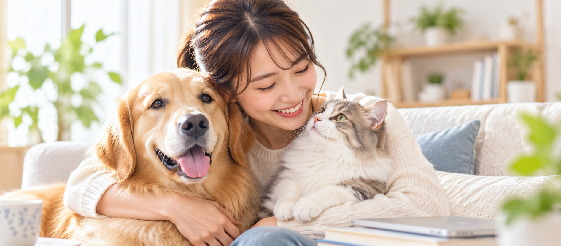 犬と猫を大切に抱く女性と自宅で学べる犬猫資格
