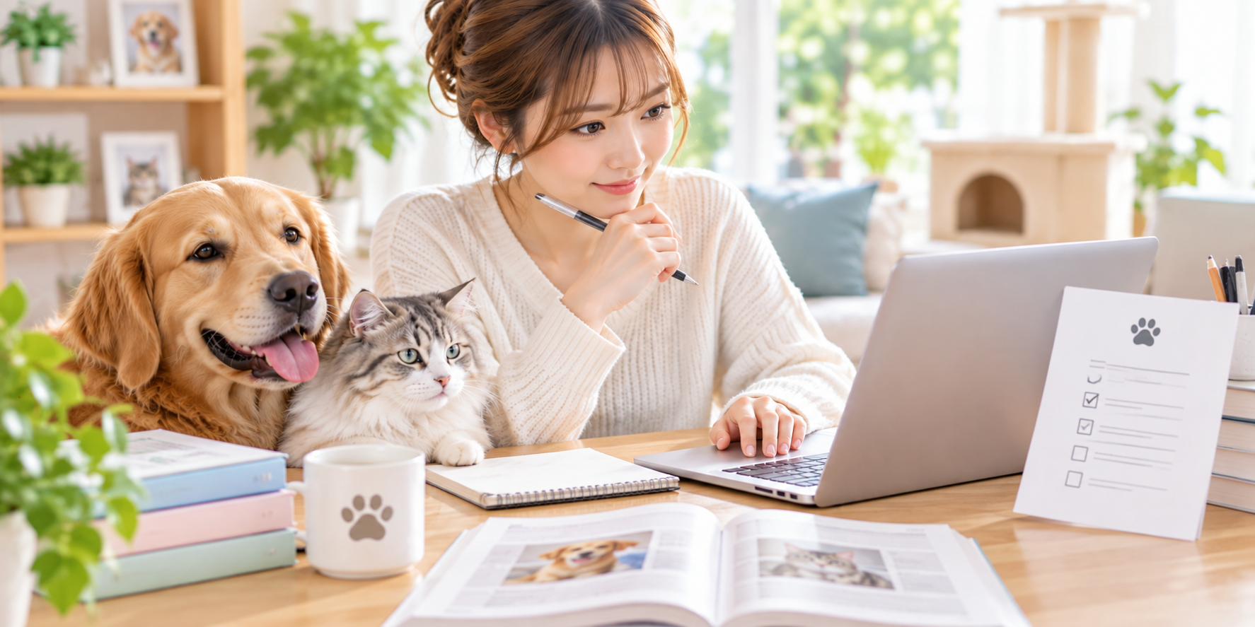 犬と猫と一緒に自宅でオンラインの犬猫資格講座を学ぶ女性