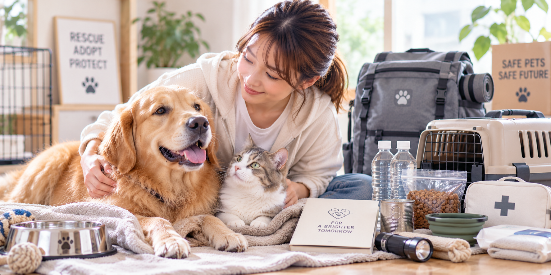 保護犬と保護猫について自宅で学ぶ女性