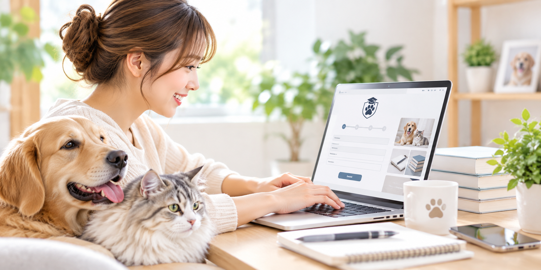 犬猫資格を自宅のオンライン講座で学ぶ女性と犬・猫
