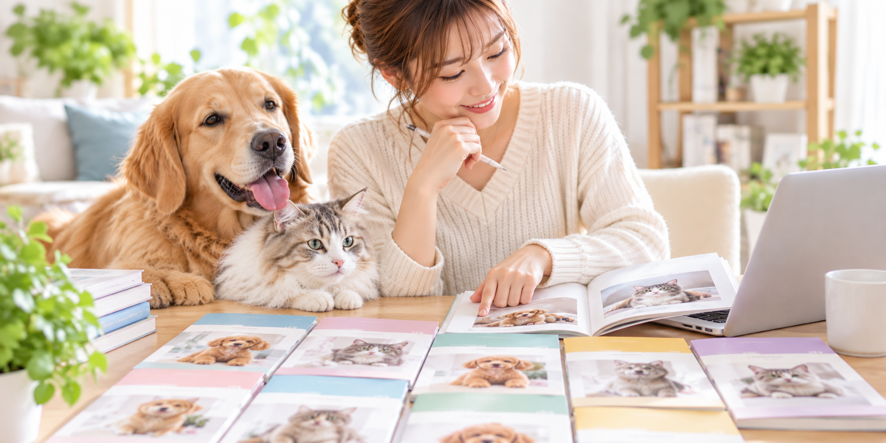 犬と猫について自宅で学ぶ女性と犬猫資格の教材