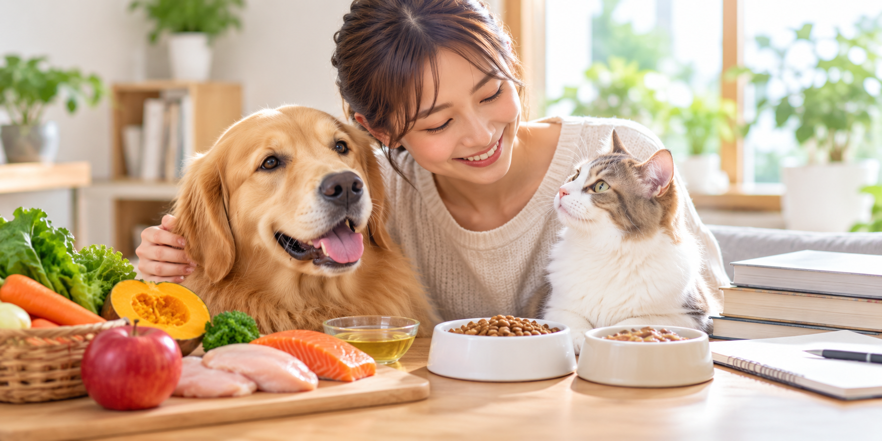 犬と猫の食事や栄養について自宅で学ぶ女性