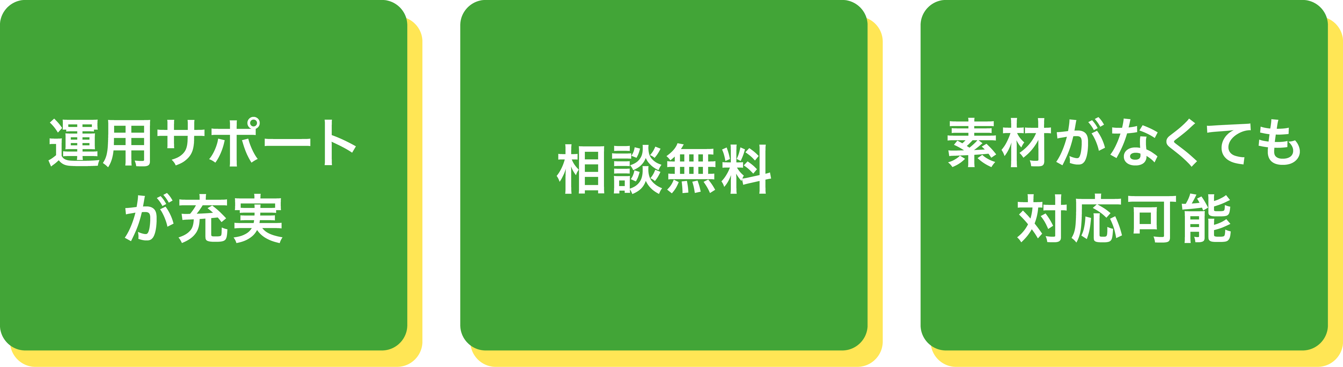 運用サポートが充実、相談無料、素材がなくても対応可能