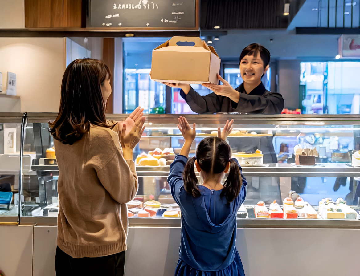 店頭で親子がケーキを受け取る姿