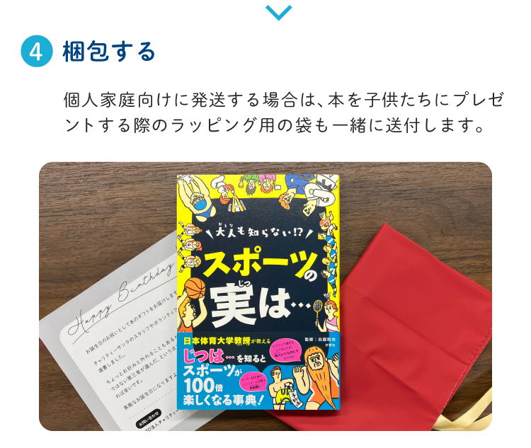 個人家庭向けに発送する場合は、本を子供たちにプレゼントする際のラッピング用の袋も一緒に梱包し送付する