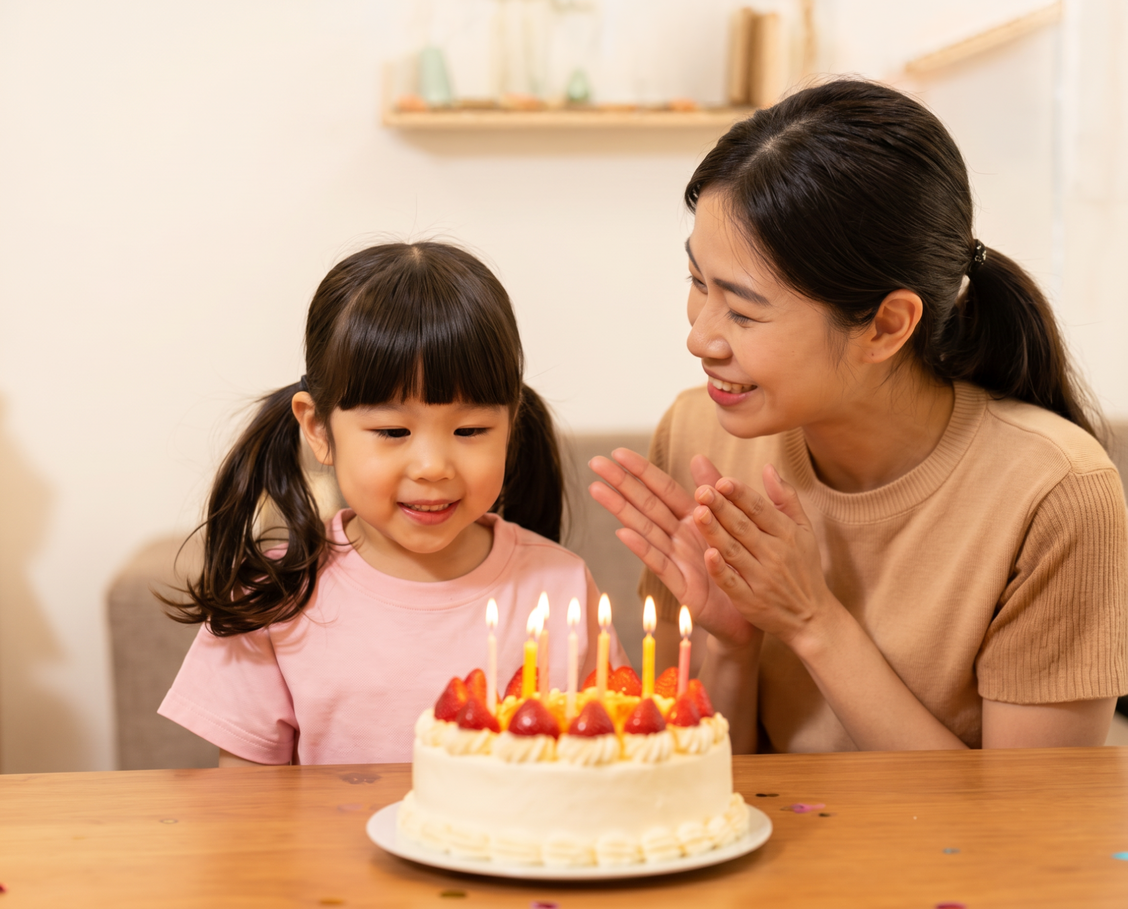 ケーキを前に笑顔の親子の姿