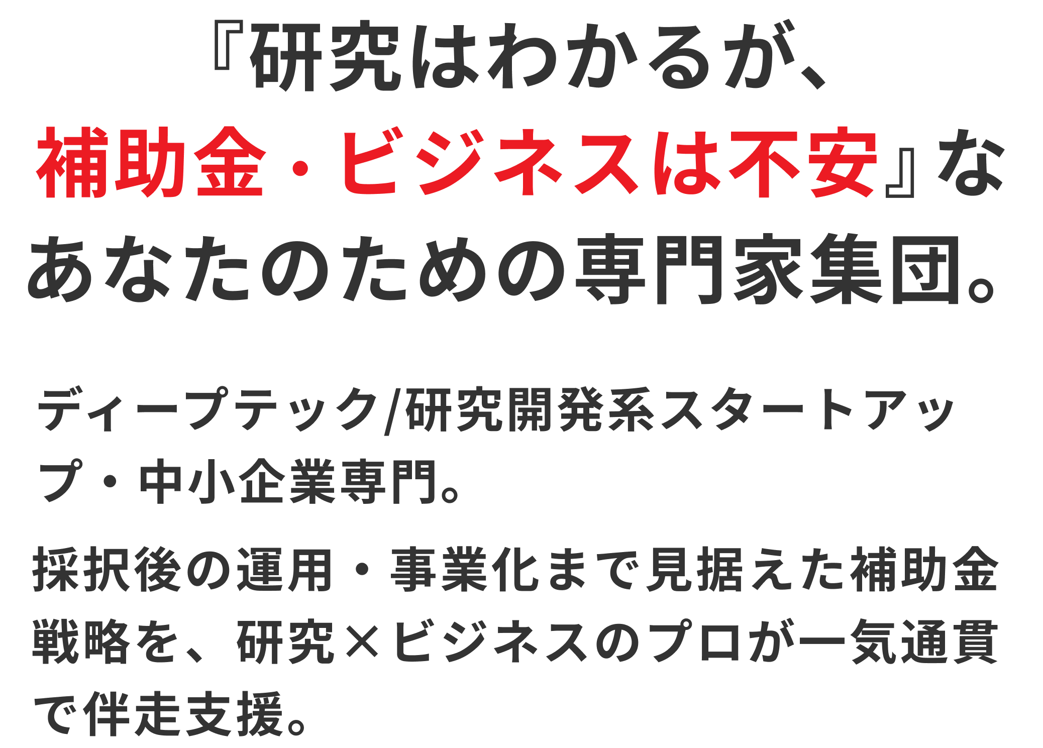 研究はわかるが、補助金・ビジネスは不安なあなたのための専門家集団。