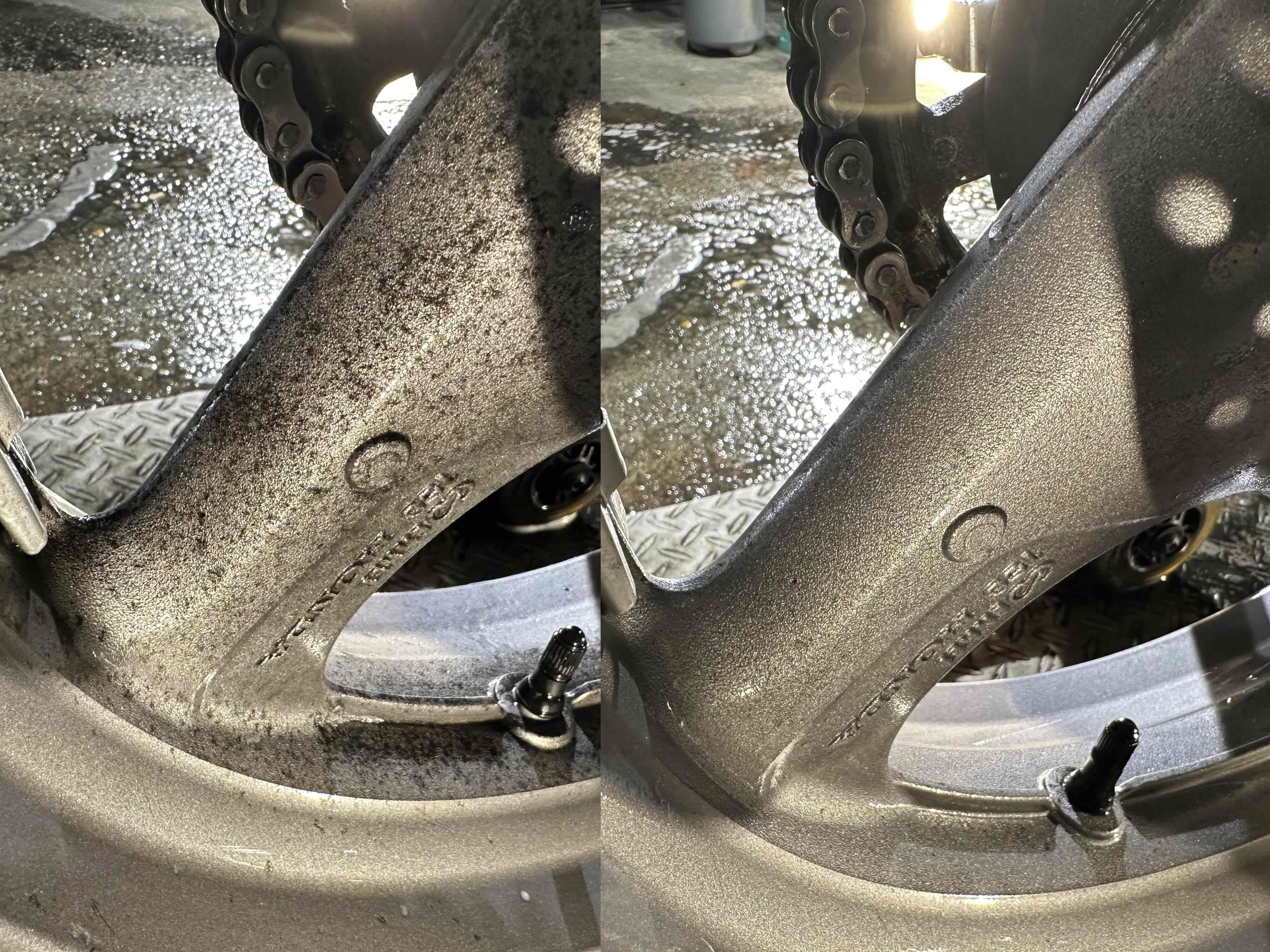 ブレーキダストが蓄積したバイクホイールビフォーアフター