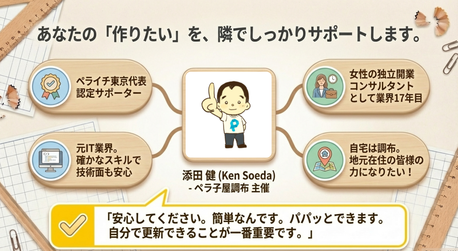 あなたの「作りたい」を、隣でしっかりサポートします。 添田健(Ken Soeda) -ペラ子屋調布主催 ペライチ東京代表認定サポーター  女性の独立開業コンサルタントとして業界17年目 元IT業界。確かなスキルで技術面も安心 自宅は調布。地元在住の皆様の力になりたい! 「安心してください。簡単なんです。パパッとできます。 自分で更新できることが一番重要です。」