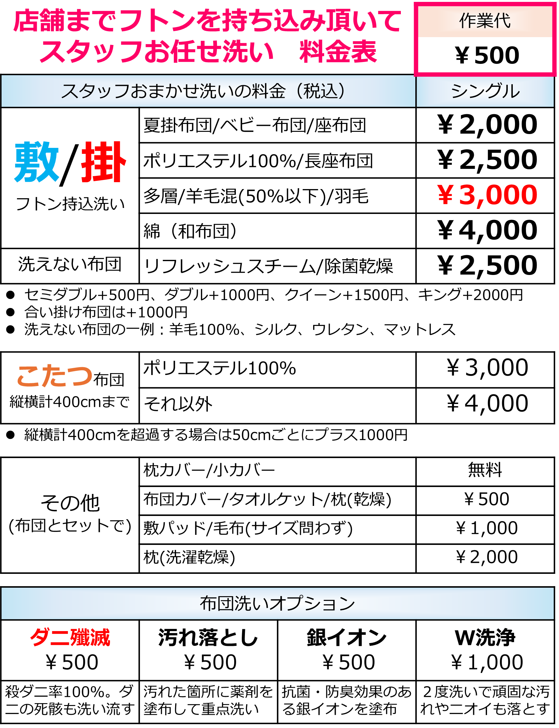 店舗に布団を持込頂いた時の料金表