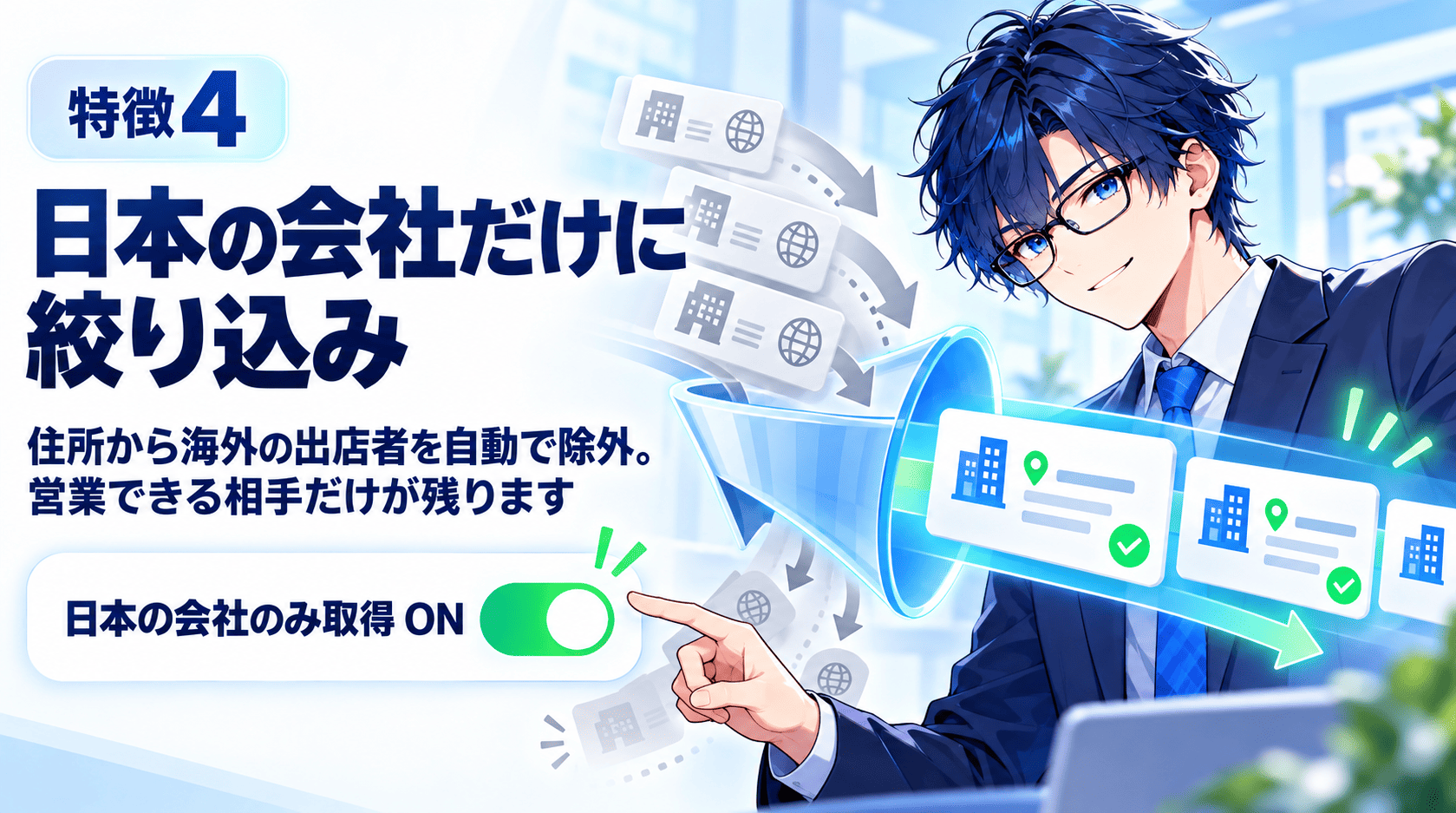 メッサ働くAI社員サイトー君　特徴4　日本法人のみに絞り込み可能