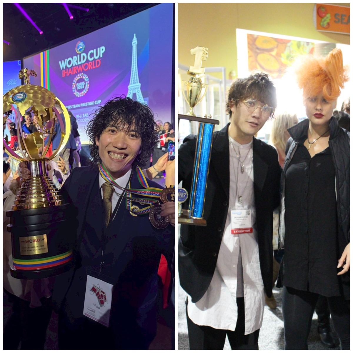 理容の国際大会で優勝トロフィーを持つ千葉店長とカットモデル