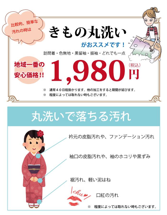 着物丸洗い１８００円＋税（税込1,980円）と丸洗いで落ちる汚れを説明