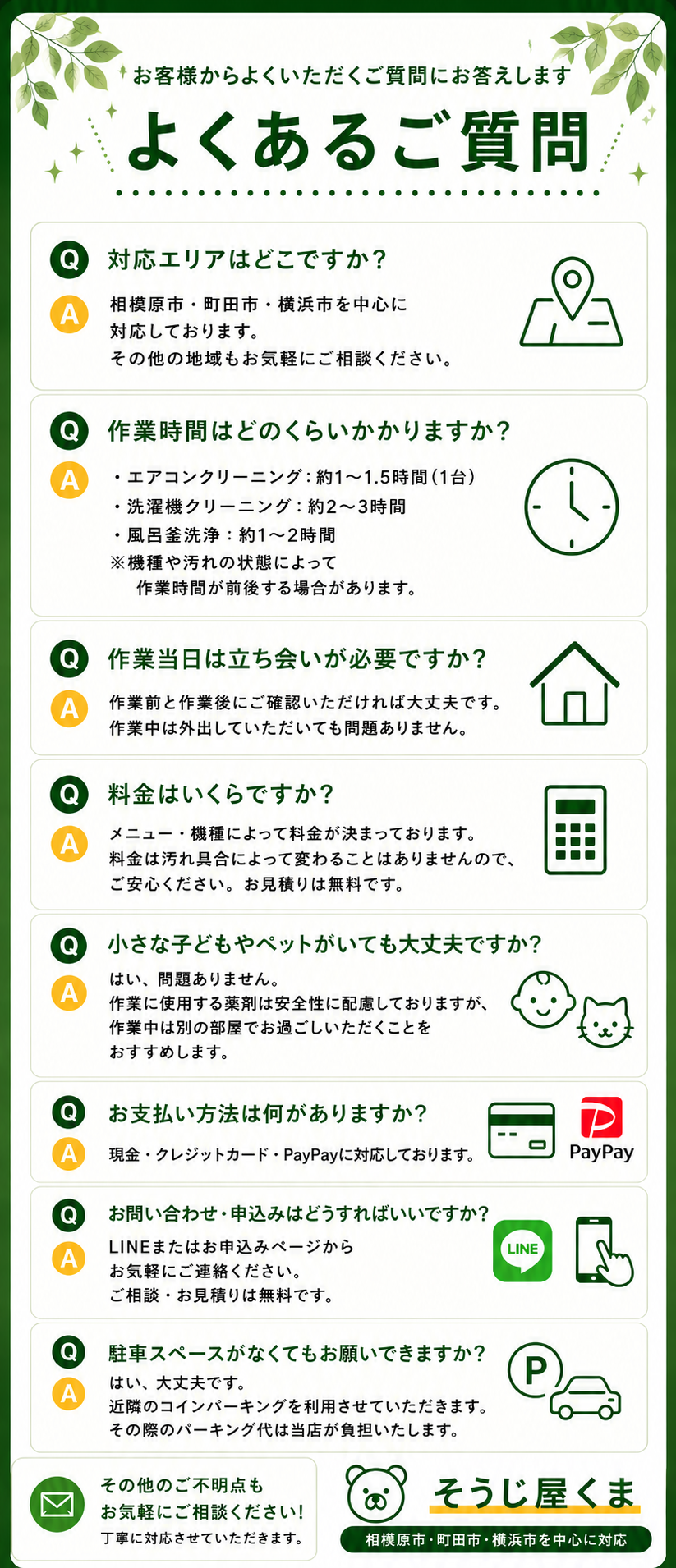 そうじ屋くまのよくある質問（FAQ）ページ。エアコンクリーニング・洗濯機クリーニング・風呂釜洗浄に関する対応エリア、作業時間、料金、お支払い方法など、お客様からよくいただく質問をまとめた画像。