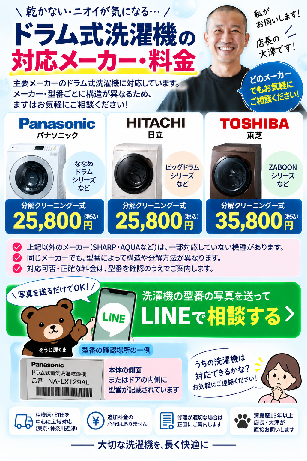ドラム式洗濯機クリーニングの対応メーカーと料金｜パナソニック・日立25,800円、東芝35,800円｜そうじ屋くま