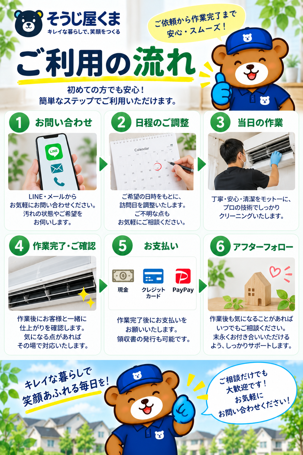 そうじ屋くまのハウスクリーニング｜お問い合わせから訪問・作業・お支払いまでの流れ