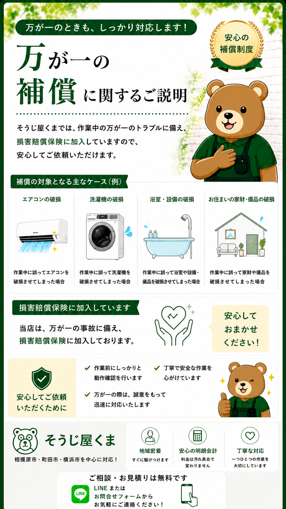 そうじ屋くまの万が一の補償制度についてご案内。作業中の万が一に備えて損害賠償保険に加入し、エアコン・洗濯機・浴室・家財などへの万一の事故にも誠実に対応することを紹介した画像。