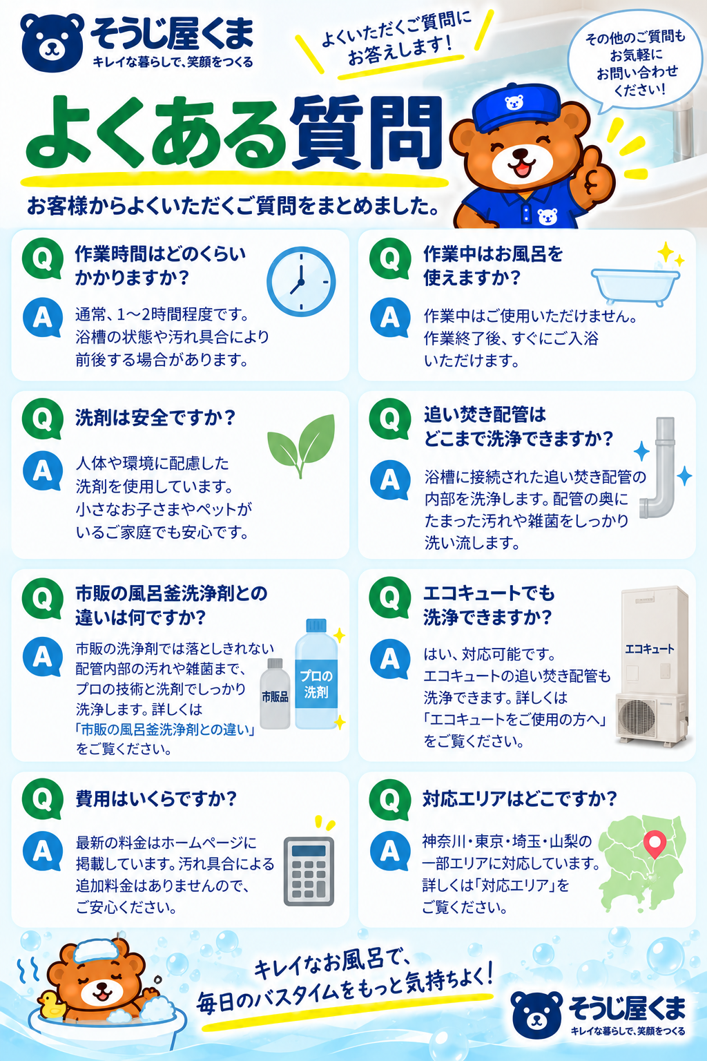 風呂釜洗浄のよくある質問｜作業時間・エコキュート・洗浄範囲・料金・対応地域